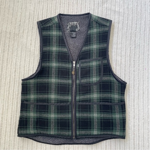 Vintage Levi’s Green Plaid Wool Blend Zip Up Sherpa Vest | Size S - Picture 1 of 8